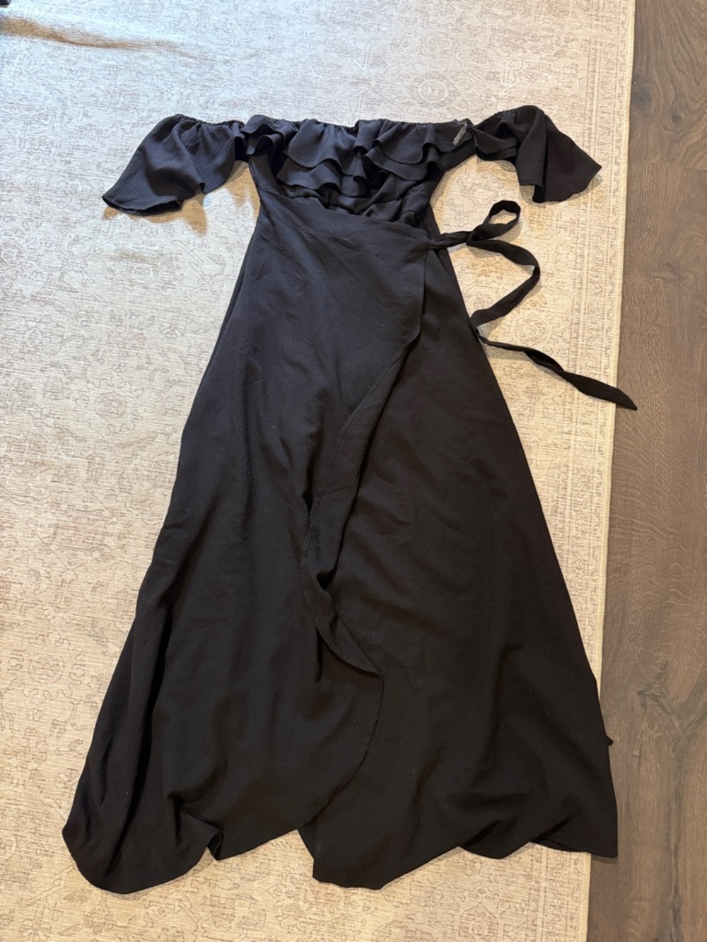 Altar'd State Black Off-Shoulder Wrap Maxi Dress with Ruffle Neckline